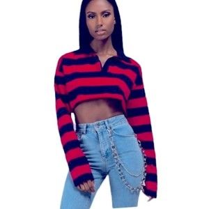 AKIRA Rugby Top Polo Striped Cropped Boxy Long Sleeve red navy blue size S